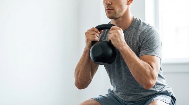 Man performing a goblet squat exercise with a black kettlebell in a minimalist room.