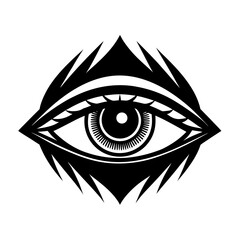 Stylized black and white eye, piercing gaze, watchful, intense look, abstract graphic symbol, vigilance, observation, awareness, perception, sharp design