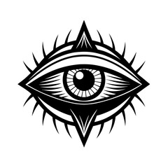 Sharp, angular eye symbol with sun-like rays, intense vision, perception, vigilance, abstract design, graphic emblem, watchful, awareness, mystic aura, isolated vector