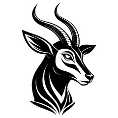 Stylized black and white gazelle head, elegant horns, watchful eyes, African wildlife graphic, majestic creature, graceful profile, vector art for design