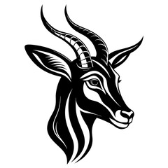 Graceful gazelle profile, stylized illustration with sharp lines, African wild animal art, striking horns, elegant design, graphic icon for branding, vector