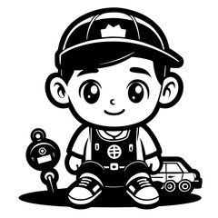 Cute cartoon mechanic boy with tools and car, cheerful character, professional occupation, construction worker, handyman, vector illustration for kids and services