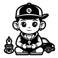 Chibi boy with cap holding game controller, sitting next to a car and a robot toy, vector illustration in black and white