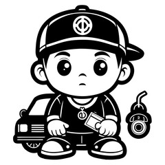 Cartoon boy with construction tools, confident pose, holding credit card, with car and crane, representing finance, service, or building industry, vector art