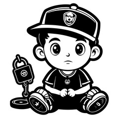 Sad chibi boy wearing a cap, sitting with hands clasped next to a padlock and chain, black and white vector illustration