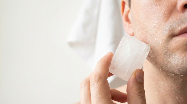 Man applying a natural alum block to his face as an aftershave treatment.