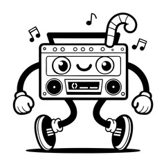 Retro Boombox Character Dancing with Music Notes - Fun Black and White Cartoon Illustration