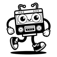 Dynamic Retro Boombox Character Striding with Confidence - Energetic Black and White Vector Art