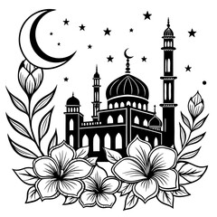 Detailed Mosque Illustration with Moon and Floral Border - Islamic Night Scene Vector Art