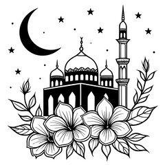 Islamic Mosque with Minaret, Moon, and Flowers - Beautiful Black and White Ramadan Design