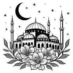 Ornate Mosque Silhouette with Crescent Moon and Flowers - Ramadan Kareem Illustration