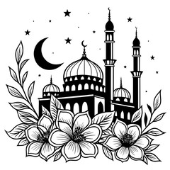 Stylized Mosque with Moon, Stars, and Flowers - Elegant Black and White Islamic Art