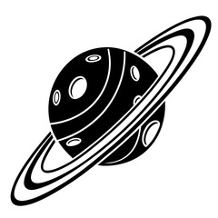 Minimalist black and white vector art of a planet adorned with concentric rings, representing a journey through the cosmos and scientific discovery.