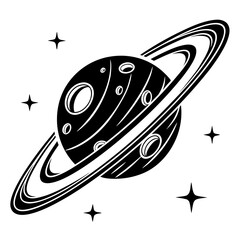 Enchanting black and white illustration of a celestial planet with rings, surrounded by twinkling stars, perfect for cosmic-themed designs.