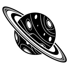 Striking black and white illustration of a stylized planet with rings, evoking a sense of cosmic wonder and scientific exploration.