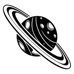 Bold graphic illustration of a ringed planet in black and white, symbolizing the vastness of space and the allure of the unknown universe.