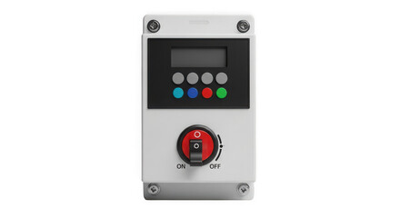 Obraz premium Industrial control panel with red dial and buttons isolated on transparent background