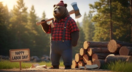 Cartoon bear lumberjack wearing a plaid shirt stands next to a stack of cut wood celebrating a holiday