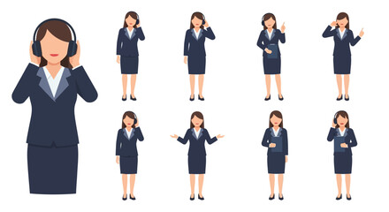 Obraz premium Female Customer Service Agent Vector Set: Headset, Call Center & Support Poses