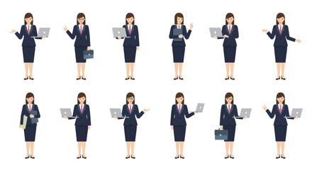 Obraz premium Businesswoman Vector Set: Professional Female Character Poses with Laptop, Briefcase & Documents for Business Concepts