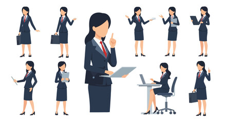 Professional Businesswoman Vector Illustration Set with Diverse Poses and Actions for Corporate Design and Office Concepts