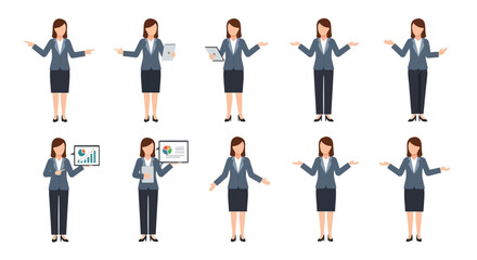 Professional Businesswoman Flat Design Vector Set. Diverse Poses Including Presenting Data, Pointing, and Holding Tablet.