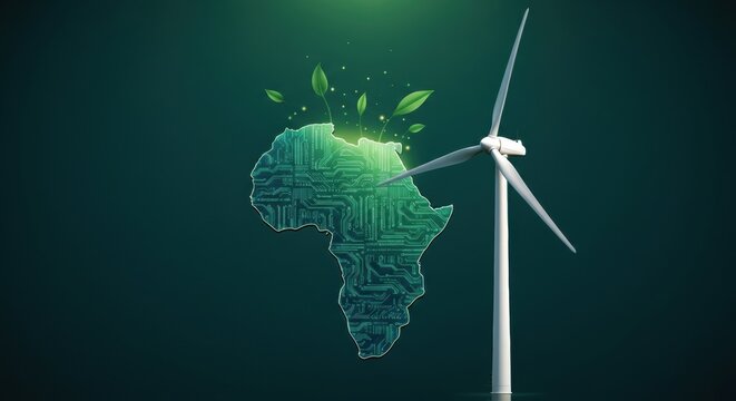 Wind turbine beside digital map of Africa with green leaves for sustainability