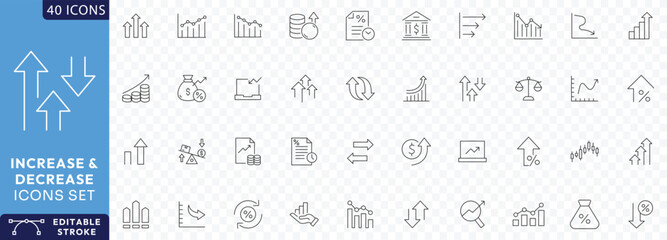 Increase and Decrease icon set. Contains Related to stock market, profit, launch, Increase, Decrease, Growth, Fall, up, down, Etc. Fully Editable. Vector illustration. © designer
