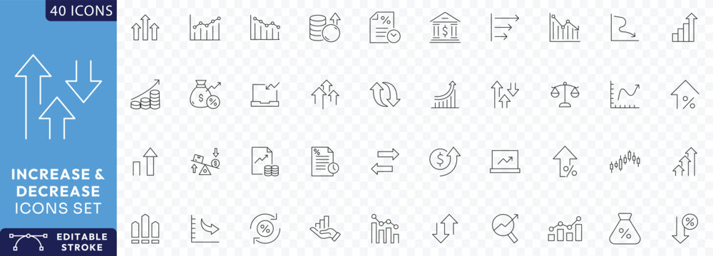 Increase and Decrease icon set. Contains Related to stock market, profit, launch, Increase, Decrease, Growth, Fall, up, down, Etc. Fully Editable. Vector illustration.