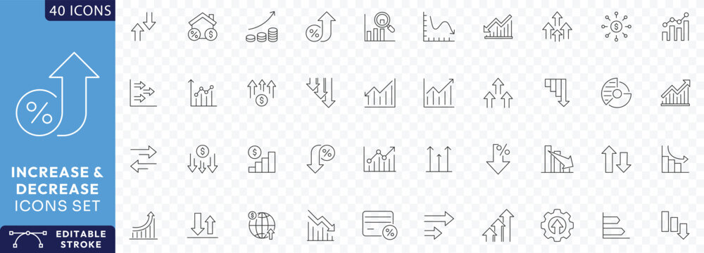 Increase and Decrease icon set. Contains Related to stock market, profit, launch, Increase, Decrease, Growth, Fall, up, down, Etc. Fully Editable. Vector illustration.