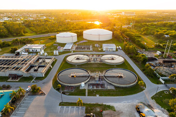 Fototapeta premium City water cleaning facility at wastewater treatment factory. Purification process of removing undesirable chemicals, suspended solids and gases from contaminated liquid