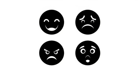 Fototapeta premium Four black silhouette icons of emoji faces expressing joy, sadness, anger, and surprise for emotional communication.