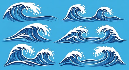 Set of stylized ocean waves depicted in various breaking formations against a solid blue background