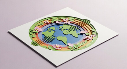 Naklejka premium Paper Art Earth Map with Vibrant Rainbow Flowers and Green Leaves