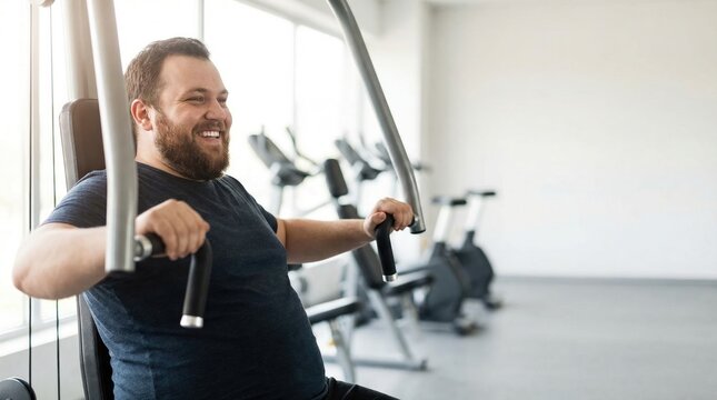A happy overweight man with a beard uses a chest press machine during a gym workout