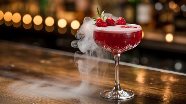 A professional photograph of an elegant cocktail with smoke, raspberries, and mint on a bar counter at a luxurious bar.