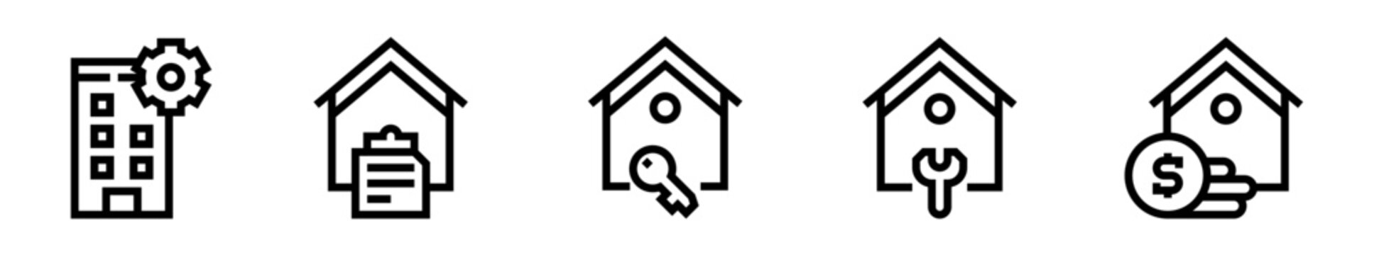 Conjunto de iconos de administraci&oacute;n de propiedades. Gesti&oacute;n inmobiliaria, control residencial, mantenimiento estructural, supervisi&oacute;n patrimonial. Ilustraci&oacute;n vectorial lineal