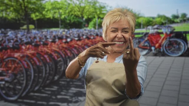 Senior woman in apron shows middle finger toward a row of orange bicycles at a public bike rack on street; playful defiance.