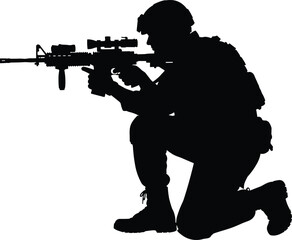 Military soldier silhouette kneeling with assault rifle and scope, tactical army warrior in uniform for combat, defense, sniper, battlefield, mission, protection, and security.