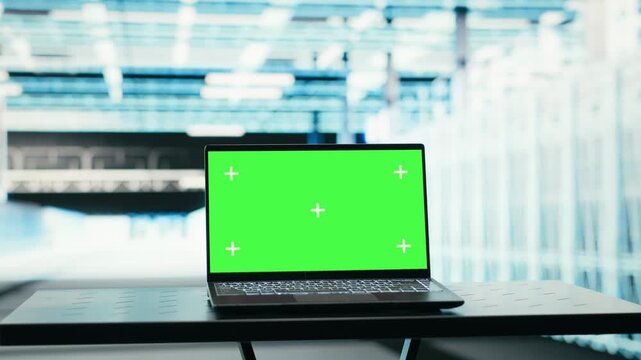 Isolated screen laptop in data center managing IT infrastructure helping power internet services, close up shot. Chroma key notebook in server hub built for digital storage systems