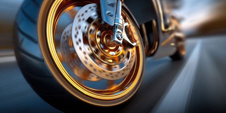 Close-up of a motorcycle wheel with golden rim and disc brakes spinning on the road