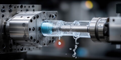 Fototapeta premium Precision machining of metal component with coolant spray in industrial workshop