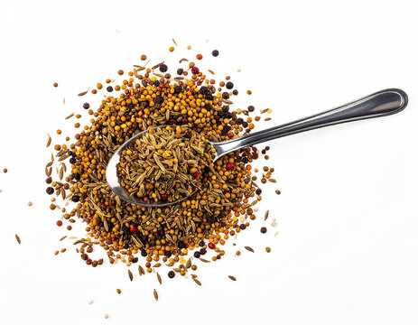 Vibrant array of aromatic spices with a metallic spoon, artfully arranged on a pristine white background, perfect for culinary and seasoning themes