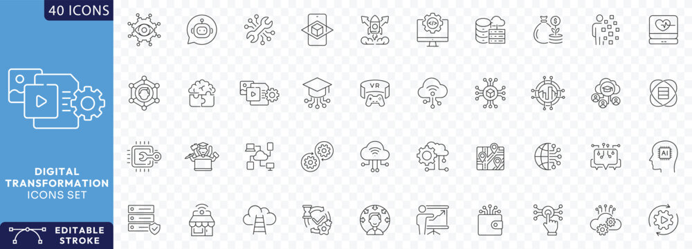 Digital Transformation line editable icon set. Contain icons related to digitalization, digital services, internet, cloud computing, technology, Etc. Fully Editable. Vector illustration.