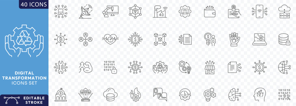 Digital Transformation line editable icon set. Contain icons related to digitalization, digital services, internet, cloud computing, technology, Etc. Fully Editable. Vector illustration.