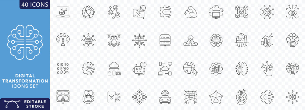 Digital Transformation line editable icon set. Contain icons related to digitalization, digital services, internet, cloud computing, technology, Etc. Fully Editable. Vector illustration.
