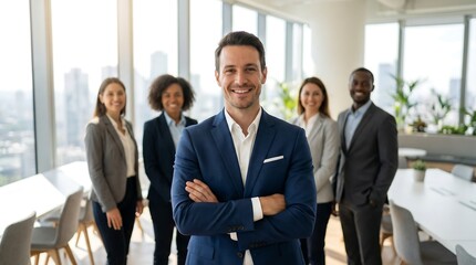 A charismatic male business leader with crossed arms smiles confidently, fronting his diverse and successful team in a bright, modern office setting.