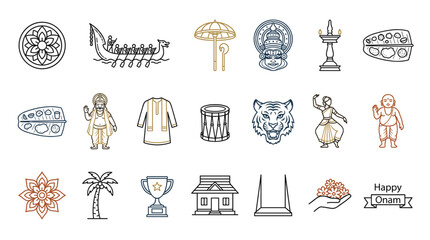Onam festival traditional outline icon set vector featuring snake boat, kathakali, sadhya meal, mahabali, pookalam, and cultural elements of Kerala harvest celebration.