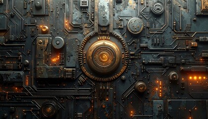 A dark metallic circuit board with orange glowing accents