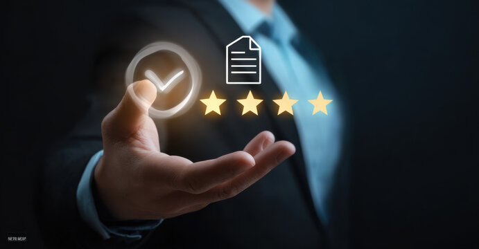 Business professional presenting quality certification badge approval checklist, representing quality assurance, compliance standards, verification process, audit control, trust, business validation